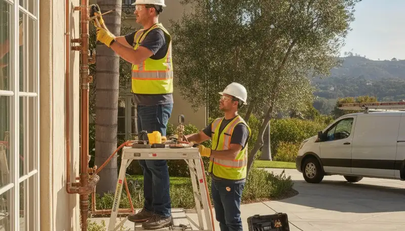 Stockton, CA plumbing repair technician servicing a residential pipe leak
