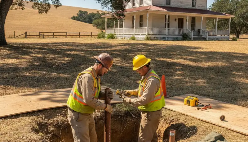 Stockton, CA plumbing repair technician servicing a residential pipe leak