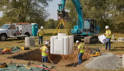 Septic tank installation team serving Stockton, CA homes with excavation and plumbing equipment