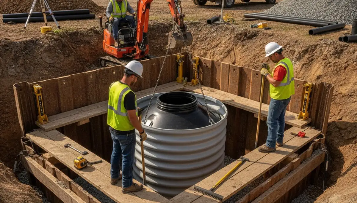 Septic tank installation team working on a Stockton, CA home by On Call Plumbers