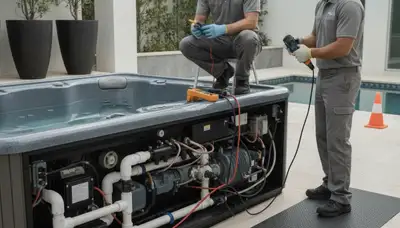 Stockton, CA spa repair technician servicing a home spa for reliable plumbing maintenance