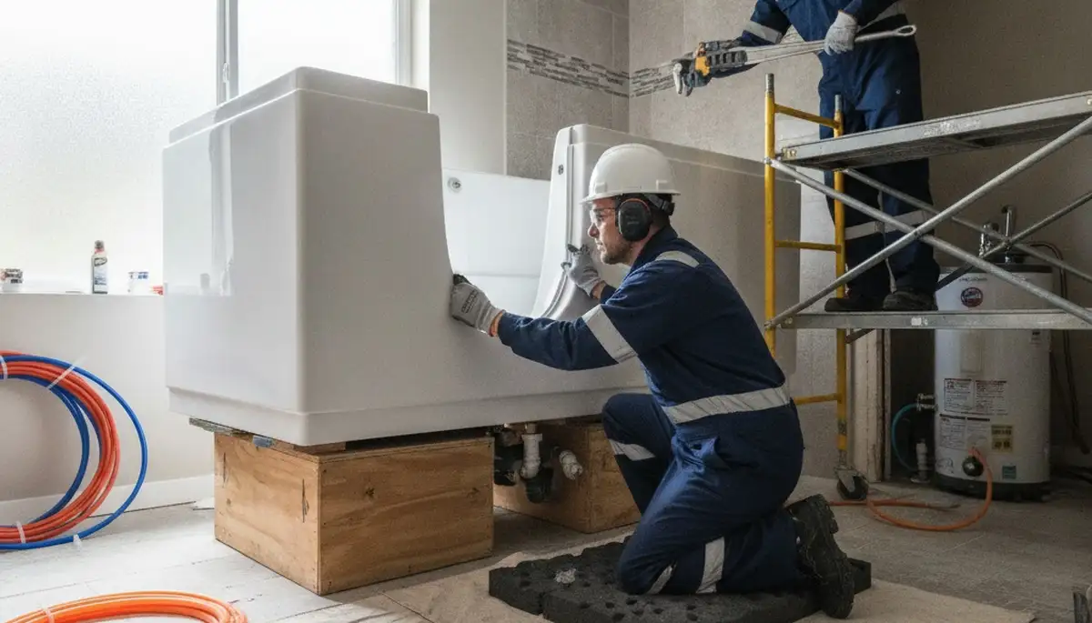 Stockton, CA plumber installing a walk-in tub for safer, accessible bathing in a home bathroom