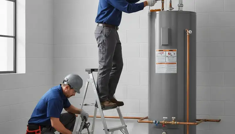 Stockton, CA plumber repairing a water heater for a home service call